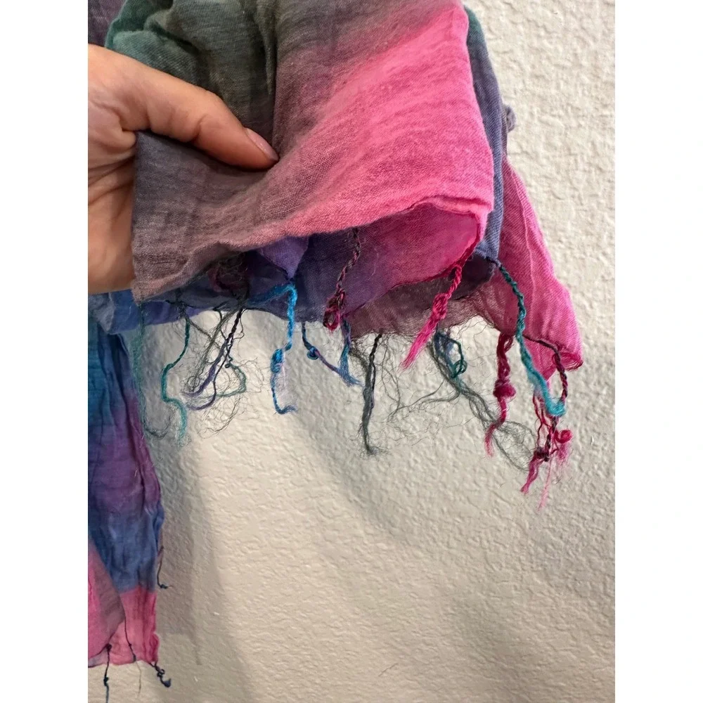 Multicolor Ombre Stripe Gauze Scarf Pink Blue Purple Tassel Fringe Wrap 38x72‎